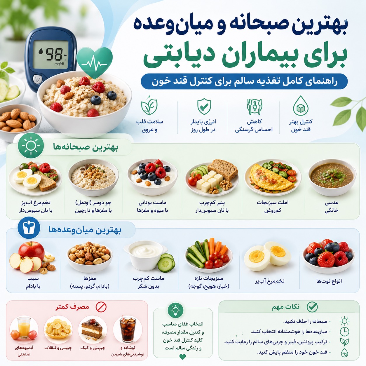بهترین صبحانه و میان‌وعده برای بیماران دیابتی | راهنمای کامل تغذیه سالم